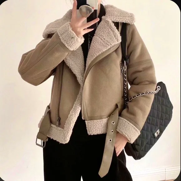Zara Tan Teddy Jacket with Shearling Collar - Picture 12 of 12